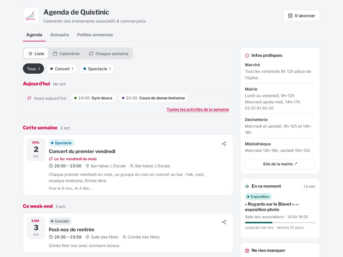 L'agenda public de la commune de démonstration, avec ses prochains événements.